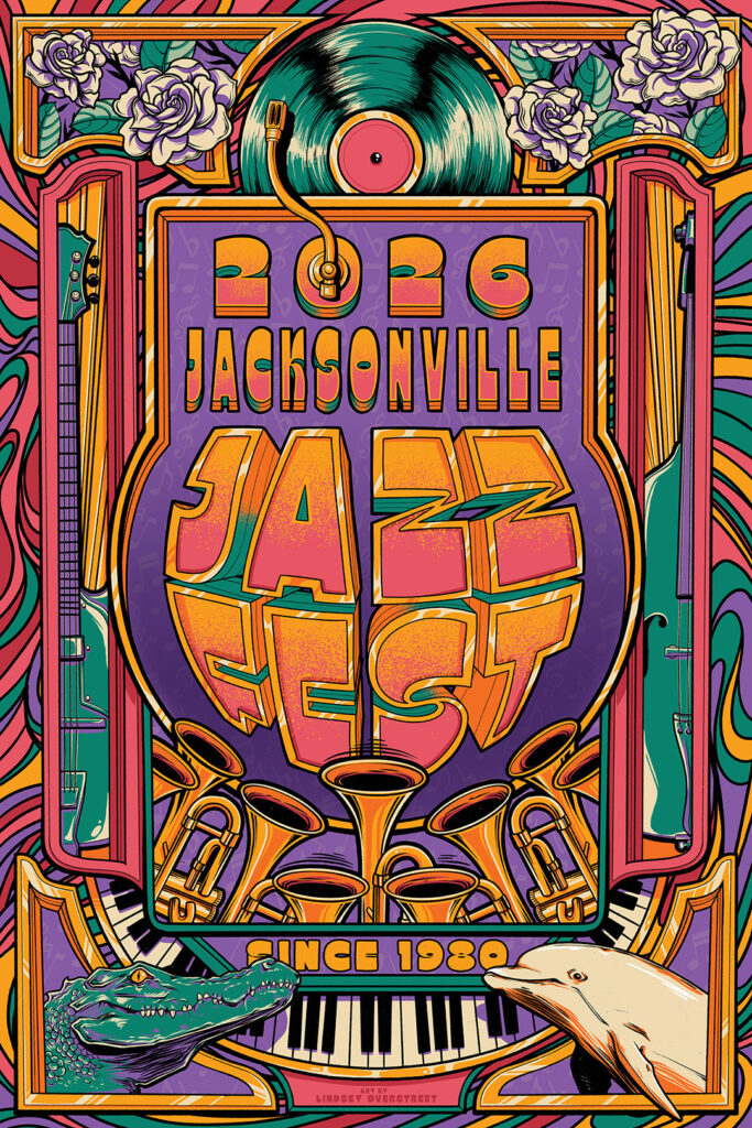 Illustrated poster for the Jacksonville Jazz Festival 2026 featuring a stylized retro design elements and the text “2026 Jacksonville Jazz Fest.”