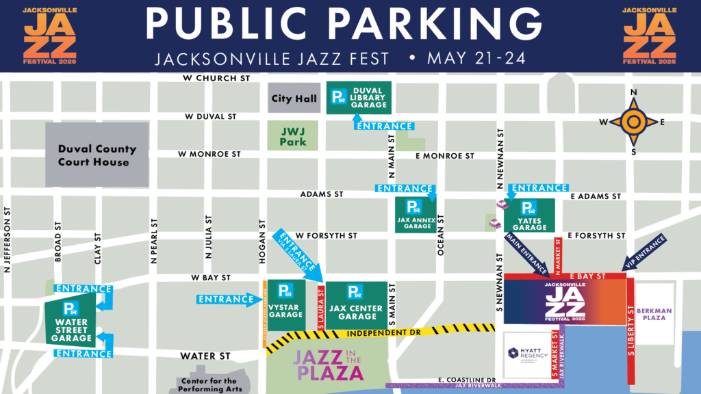 Map showing public parking locations for the Jacksonville Jazz Fest 2026 in downtown Jacksonville.