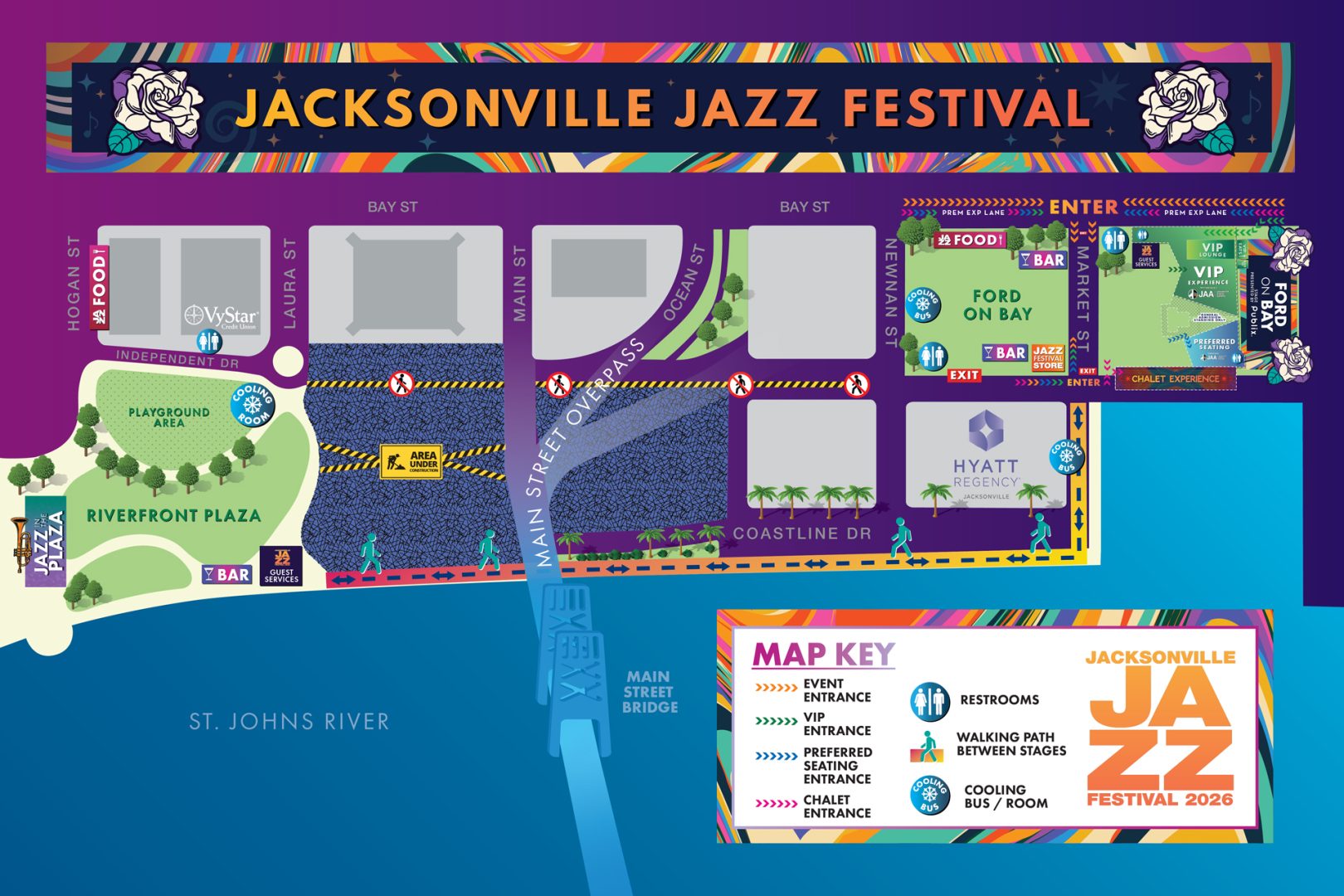 Public parking map for the Jacksonville Jazz Festival (May 22–24, 2026) showing designated public parking lots, VIP parking, ADA parking, and road closures around EverBank Field and surrounding streets, with a map key explaining parking types and locations.